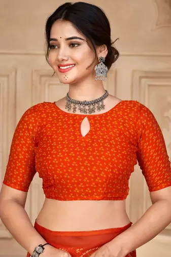 Orange digital printed soft chiffon indian traditional bandhani saree with blouse