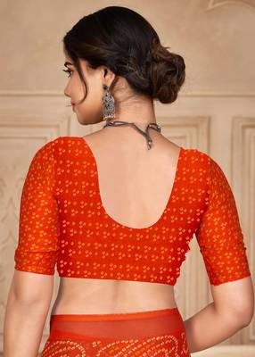 Orange digital printed soft chiffon indian traditional bandhani saree with blouse 4