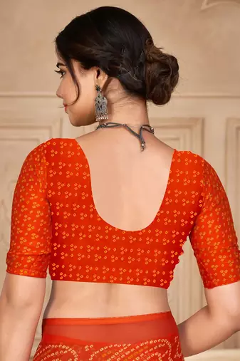 Orange digital printed soft chiffon indian traditional bandhani saree with blouse