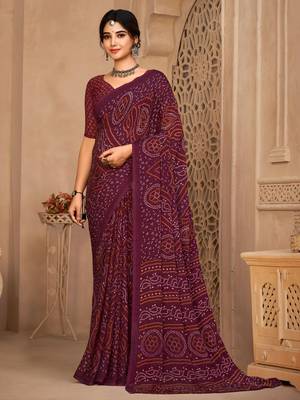Wine digital printed soft chiffon indian traditional bandhani saree with blouse 1