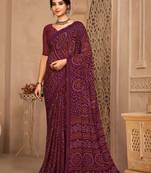 Wine digital printed soft chiffon indian traditional bandhani saree with blouse