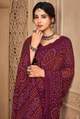 Wine digital printed soft chiffon indian traditional bandhani saree with blouse 2