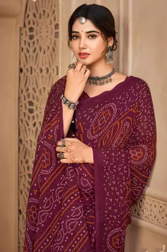 Wine digital printed soft chiffon indian traditional bandhani saree with blouse