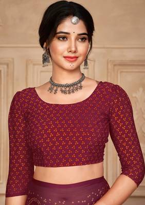 Wine digital printed soft chiffon indian traditional bandhani saree with blouse 3