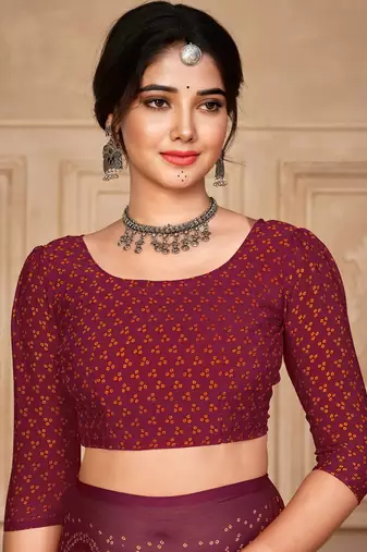 Wine digital printed soft chiffon indian traditional bandhani saree with blouse