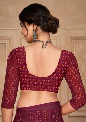 Wine digital printed soft chiffon indian traditional bandhani saree with blouse 4