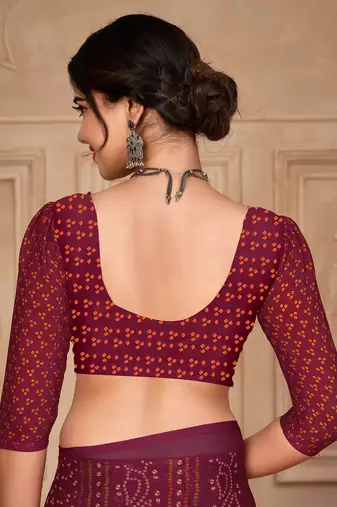 Wine digital printed soft chiffon indian traditional bandhani saree with blouse