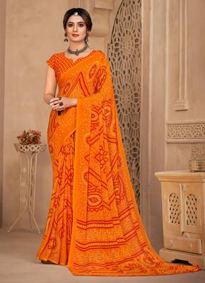Saffron digital printed soft chiffon indian traditional bandhani saree with blouse 1