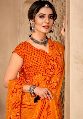 Saffron digital printed soft chiffon indian traditional bandhani saree with blouse 2