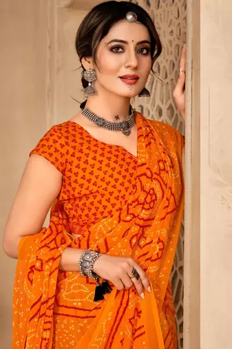 Saffron digital printed soft chiffon indian traditional bandhani saree with blouse