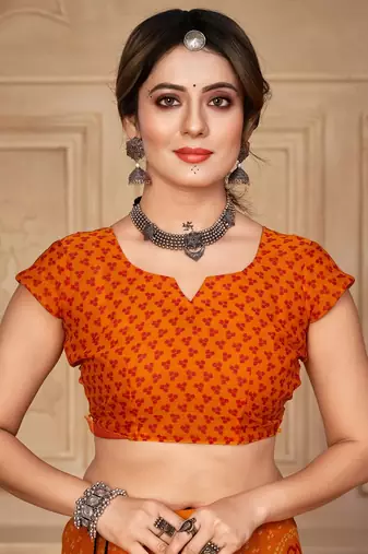 Saffron digital printed soft chiffon indian traditional bandhani saree with blouse