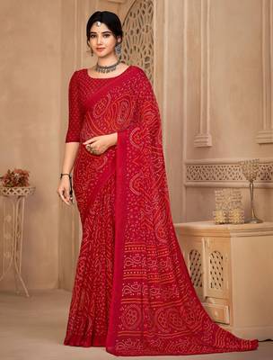 Red digital printed soft chiffon indian traditional bandhani saree with blouse 1