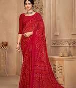 Red digital printed soft chiffon indian traditional bandhani saree with blouse