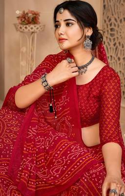 Red digital printed soft chiffon indian traditional bandhani saree with blouse 2