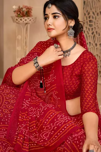 Red digital printed soft chiffon indian traditional bandhani saree with blouse