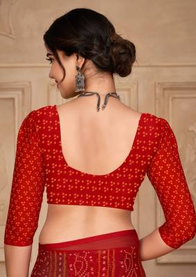 Red digital printed soft chiffon indian traditional bandhani saree with blouse 4
