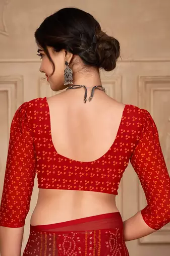 Red digital printed soft chiffon indian traditional bandhani saree with blouse