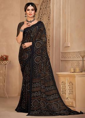 Black digital printed soft chiffon indian traditional bandhani saree with blouse 1