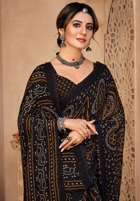 Black digital printed soft chiffon indian traditional bandhani saree with blouse 2