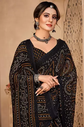 Black digital printed soft chiffon indian traditional bandhani saree with blouse