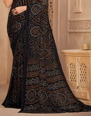 Black digital printed soft chiffon indian traditional bandhani saree with blouse 3