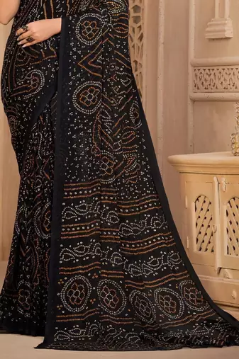 Black digital printed soft chiffon indian traditional bandhani saree with blouse