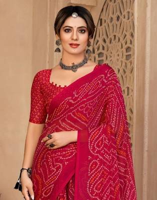 Magenta digital printed soft chiffon indian traditional bandhani saree with blouse 3