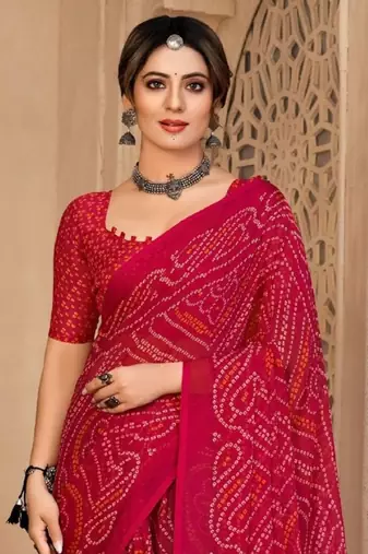 Magenta digital printed soft chiffon indian traditional bandhani saree with blouse