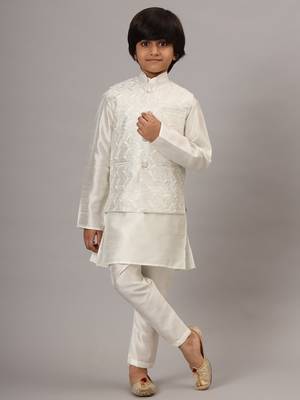 Boys white kurta set with embroidered nehru jacket 1