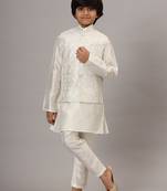 Boys white kurta set with embroidered nehru jacket