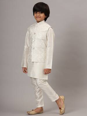 Boys white kurta set with embroidered nehru jacket 2
