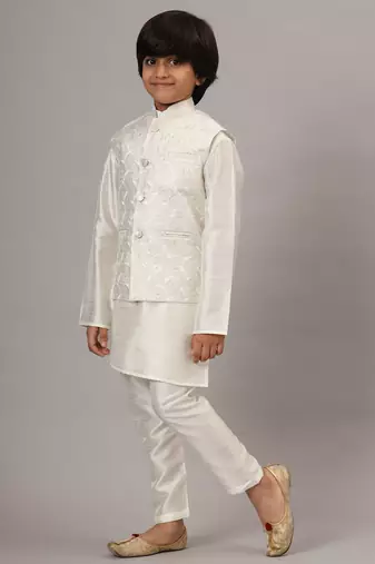 Boys white kurta set with embroidered nehru jacket