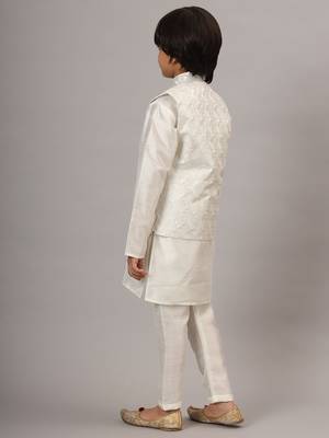 Boys white kurta set with embroidered nehru jacket 3
