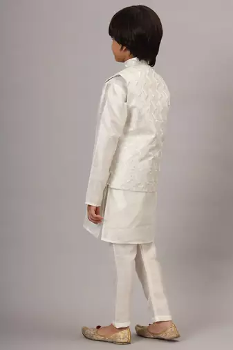 Boys white kurta set with embroidered nehru jacket