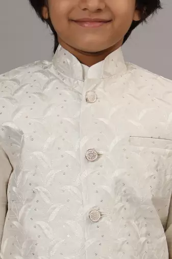 Boys white kurta set with embroidered nehru jacket