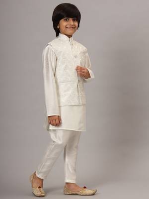 Boys white kurta set with embroidered nehru jacket 5