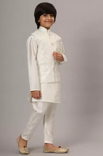 Boys white kurta set with embroidered nehru jacket