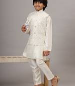 Boys off white kurta set with embroidered nehru jacket