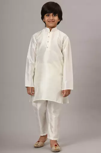 Boys off white kurta set with embroidered nehru jacket