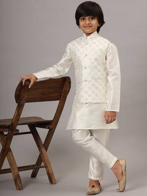 Boys pearl white kurta set with embroidered nehru jacket 1
