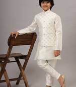 Boys pearl white kurta set with embroidered nehru jacket