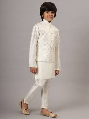 Boys pearl white kurta set with embroidered nehru jacket 2