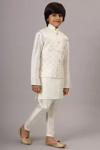 Boys pearl white kurta set with embroidered nehru jacket