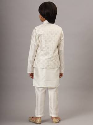 Boys pearl white kurta set with embroidered nehru jacket 3