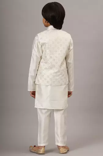 Boys pearl white kurta set with embroidered nehru jacket