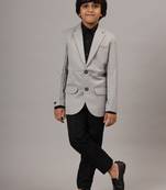 Light grey blazer with black trousers