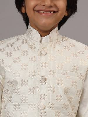 Boys pearl white kurta set with embroidered nehru jacket 4