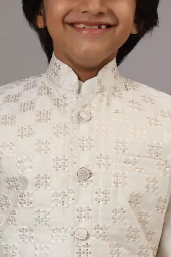Boys pearl white kurta set with embroidered nehru jacket