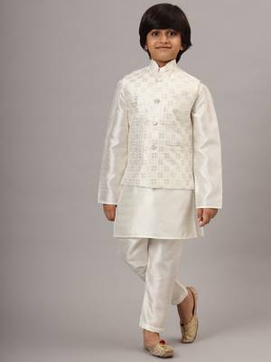Boys pearl white kurta set with embroidered nehru jacket 5
