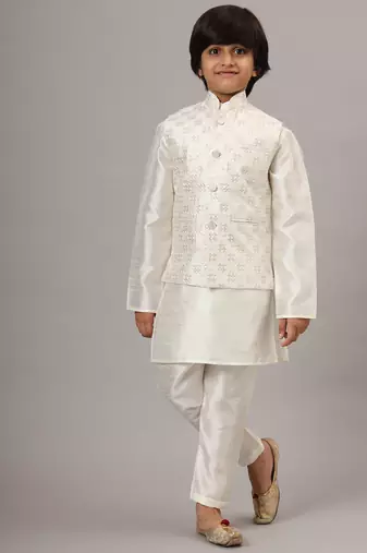 Boys pearl white kurta set with embroidered nehru jacket
